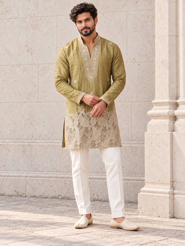 Olive green and ivory men's kurta set with gold paisley borders, front view