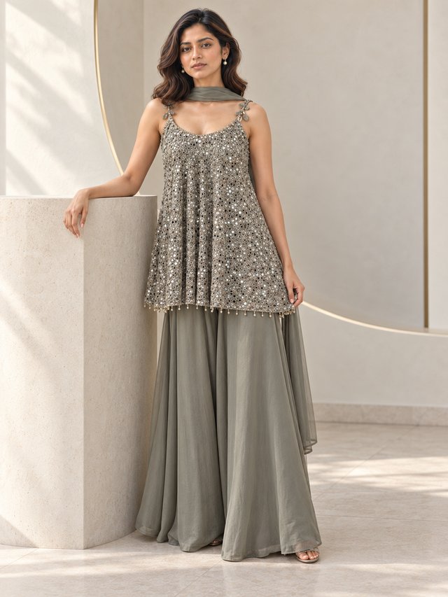 Sage grey palazzo set with silver mirrorwork, decorative straps and a flared kurta