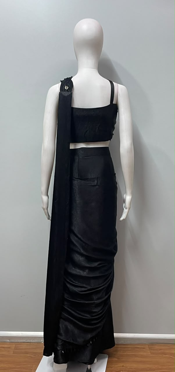 Black Appliqué Draped Saree Set