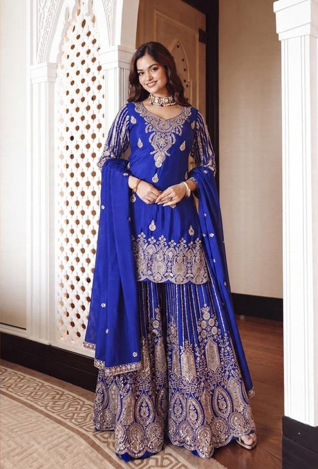 Royal blue palazzo set with antique silver jewel kurta and wide-leg pants