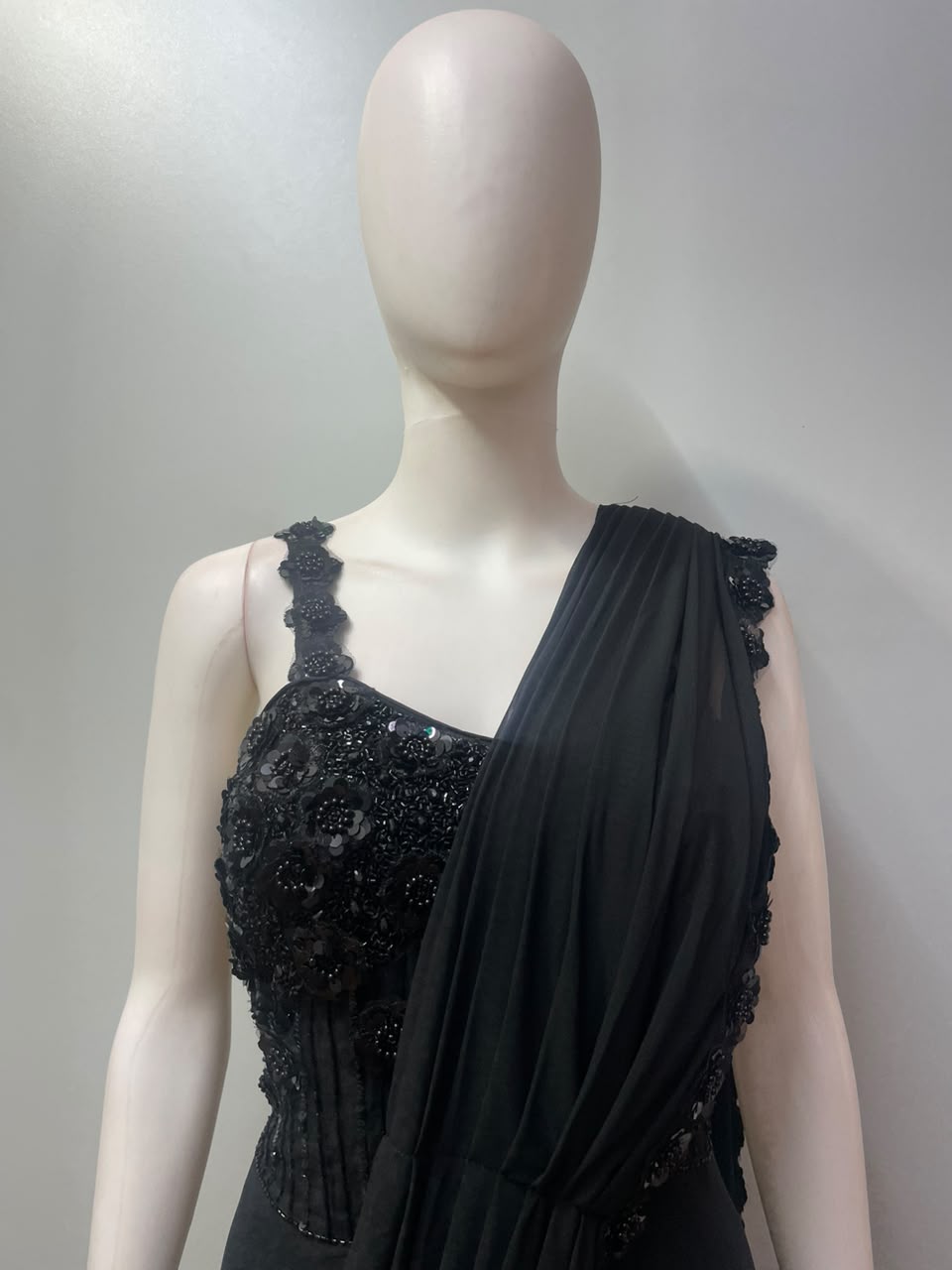 Midnight Black Onyx Floral Jewel Draped Saree Set