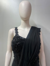 Midnight Black Onyx Floral Jewel Draped Saree Set