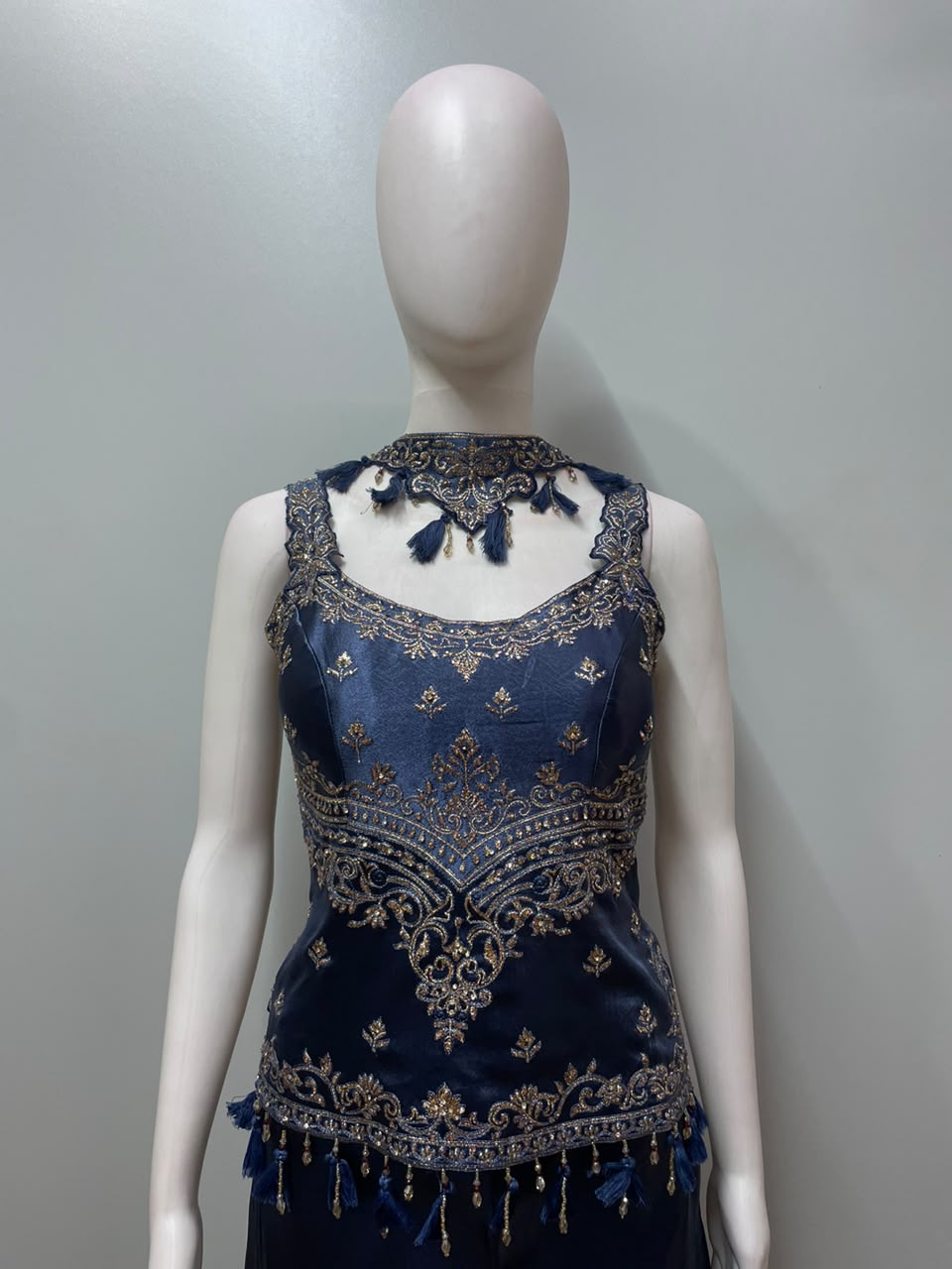 Midnight Navy Antique Gold Embroidered Palazzo Ensemble - close-up detail