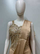 Champagne Gold Embellished Pre-Draped Saree Set