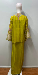 Chartreuse Olive Botanical Embroidered Palazzo Couture Ensemble