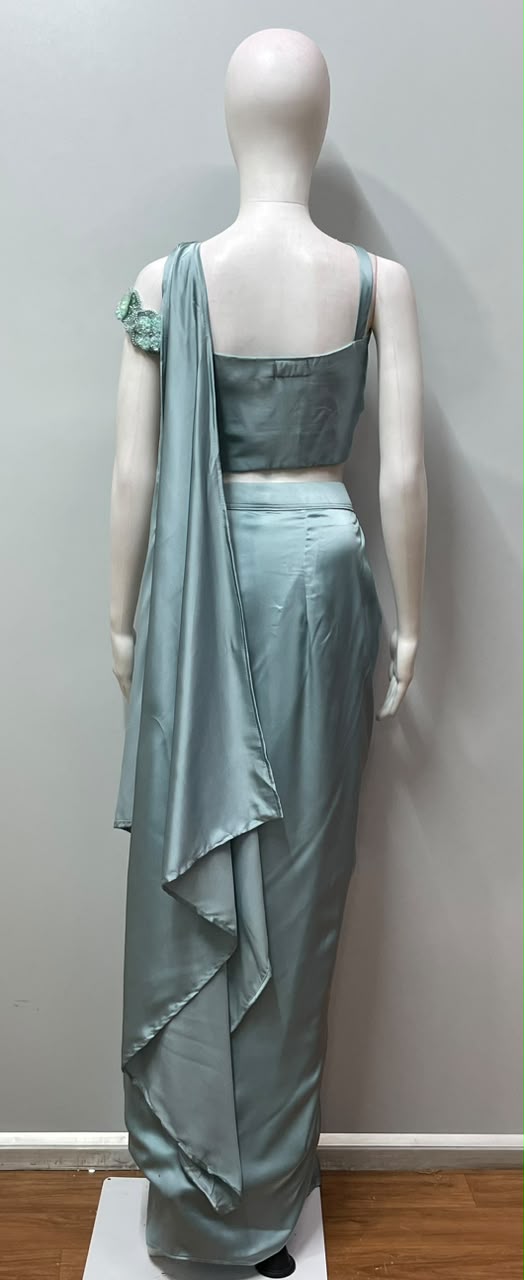 Seafoam Floral Embellished Draped Saree Set