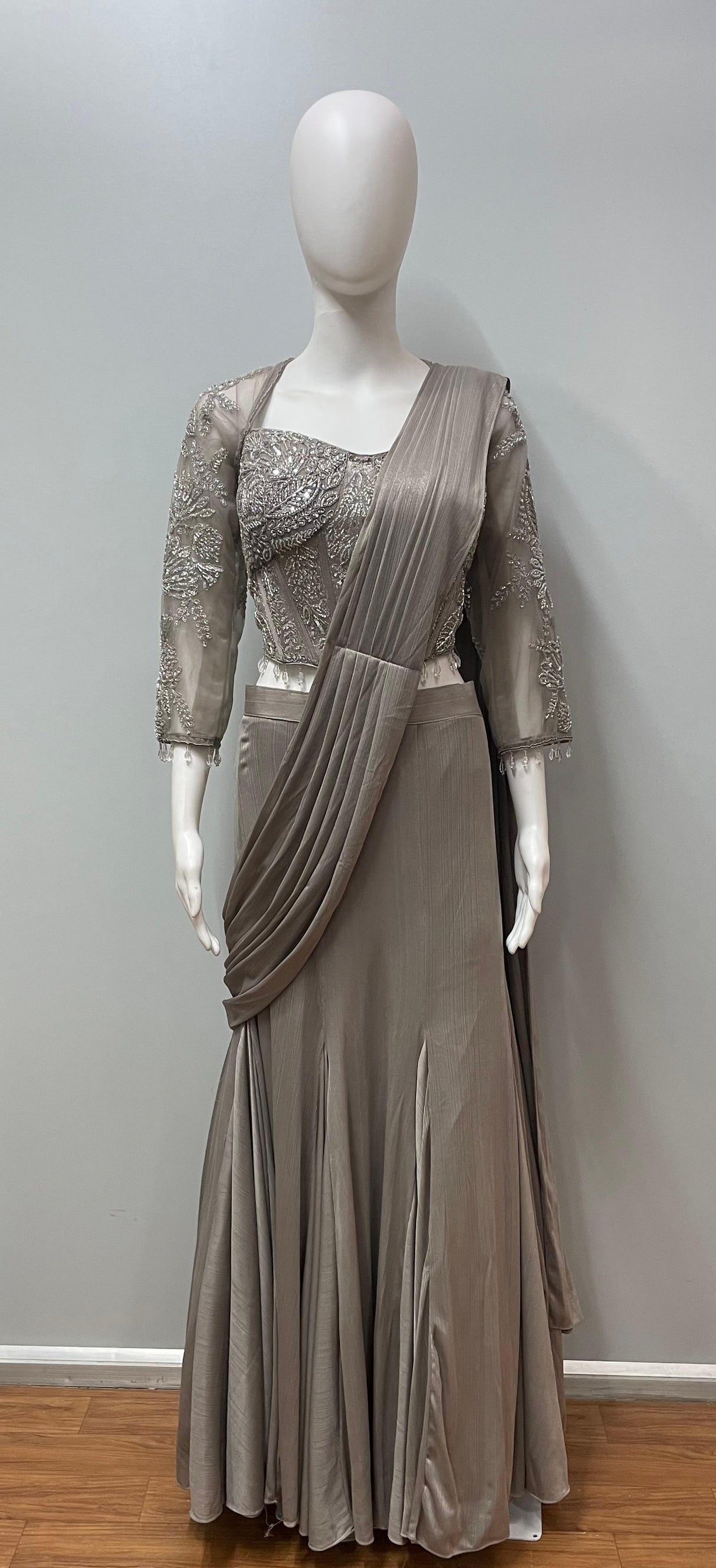 Taupe Silver Corset Pre-Draped Saree Set