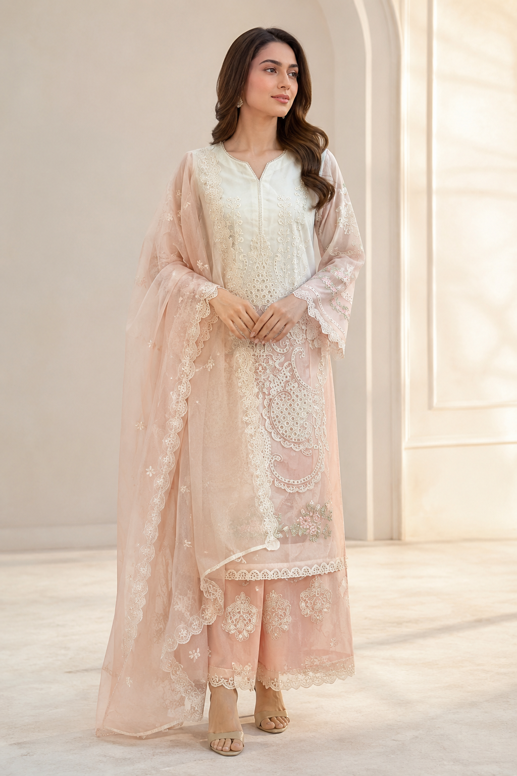 Ivory Peach Embroidered Kurta Set