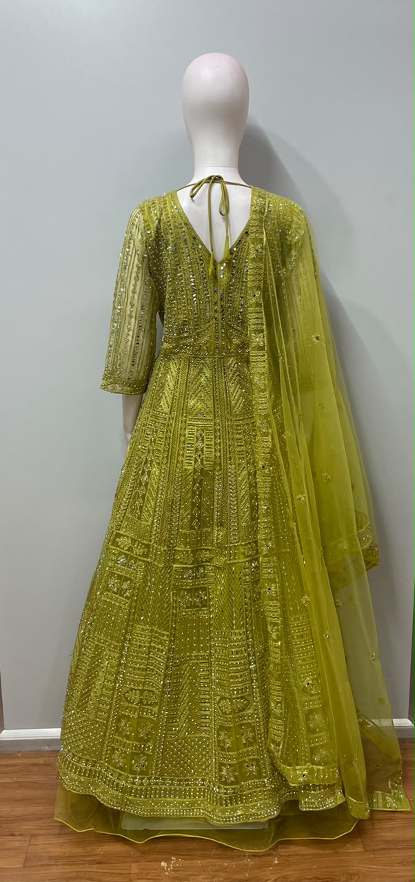 Chartreuse Gold Mirrorwork Anarkali Couture Set