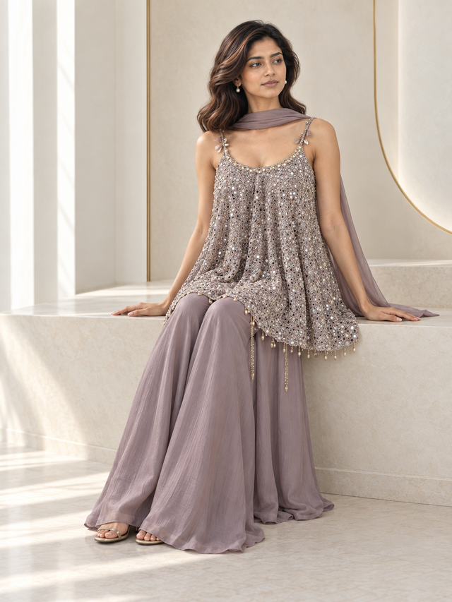 Smoky lilac palazzo set with silver mirrorwork, decorative straps and a flared kurta