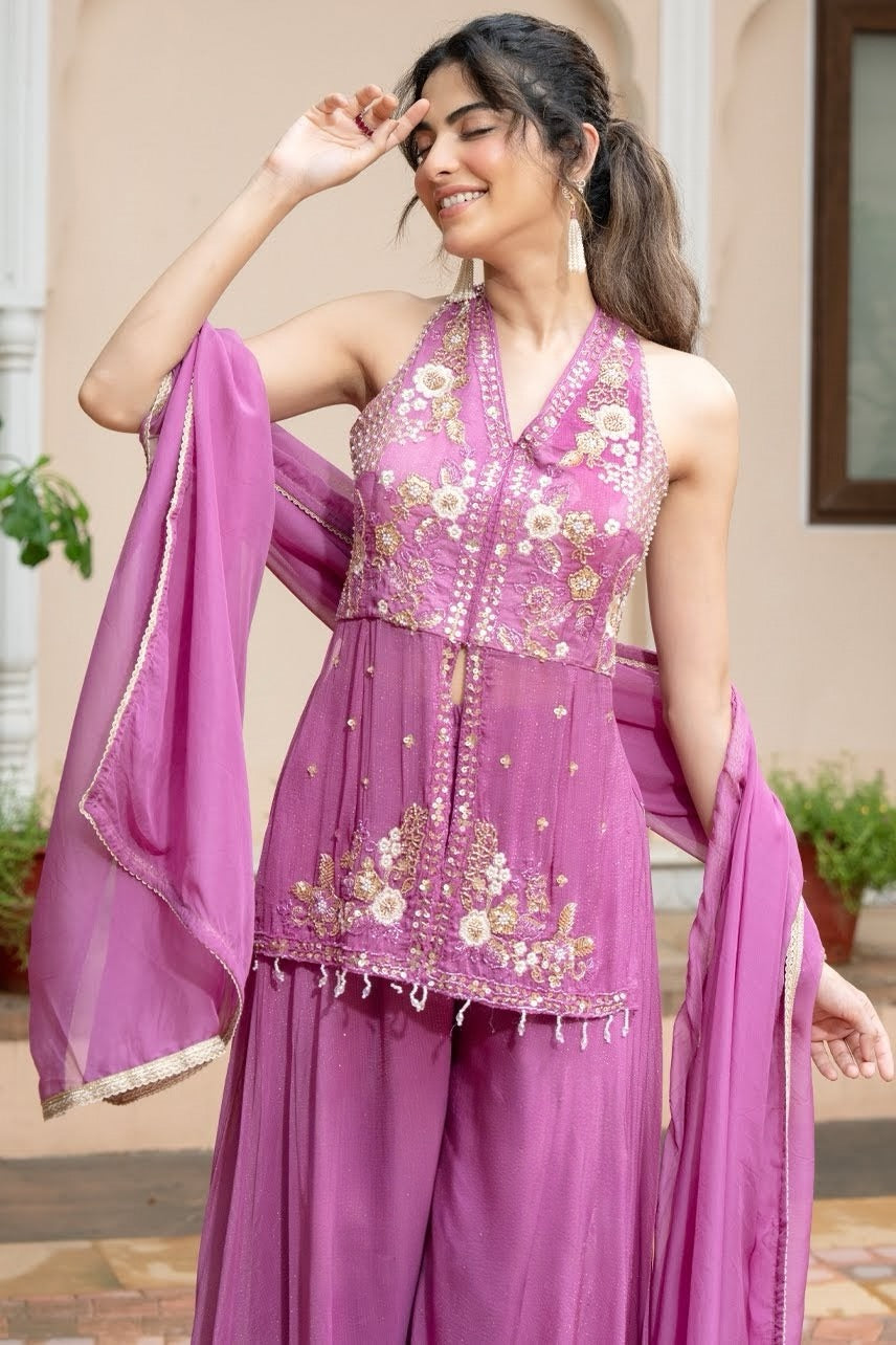 Wide-leg orchid mauve palazzo pants with a sheer metallic-edged dupatta