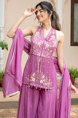Wide-leg orchid mauve palazzo pants with a sheer metallic-edged dupatta