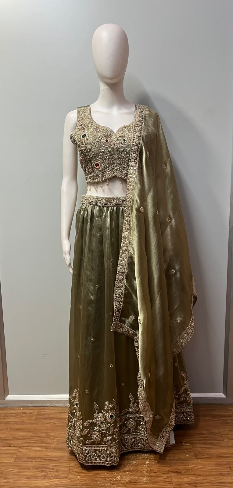 Antique Olive Gold Ruby Emerald Jewel Lehenga Set