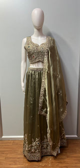 Antique Olive Gold Ruby Emerald Jewel Lehenga Set