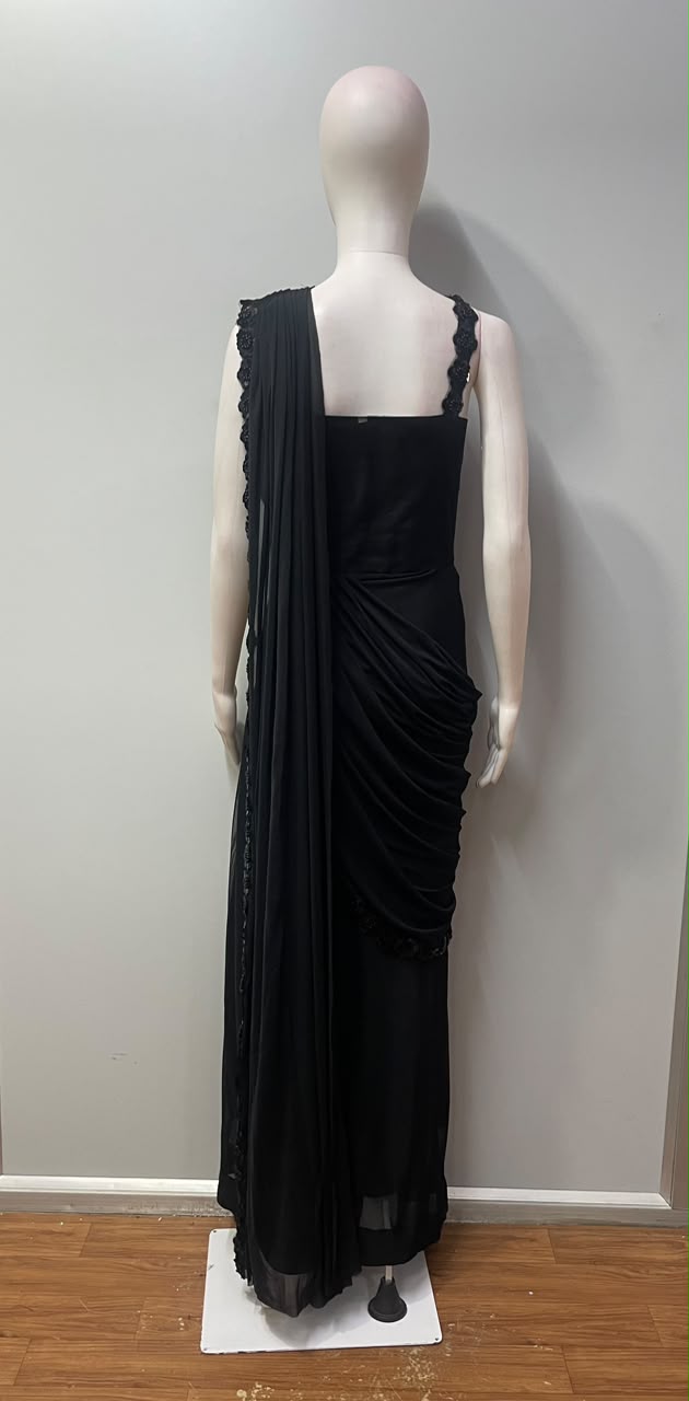 Midnight Black Onyx Floral Jewel Draped Saree Set