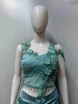 Seafoam Floral Embellished Draped Saree Set