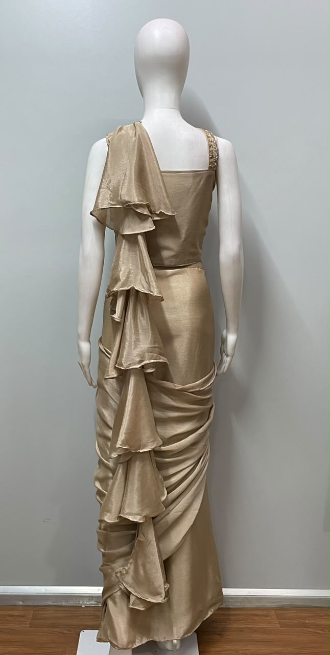 Champagne Gold Embellished Pre-Draped Saree Set