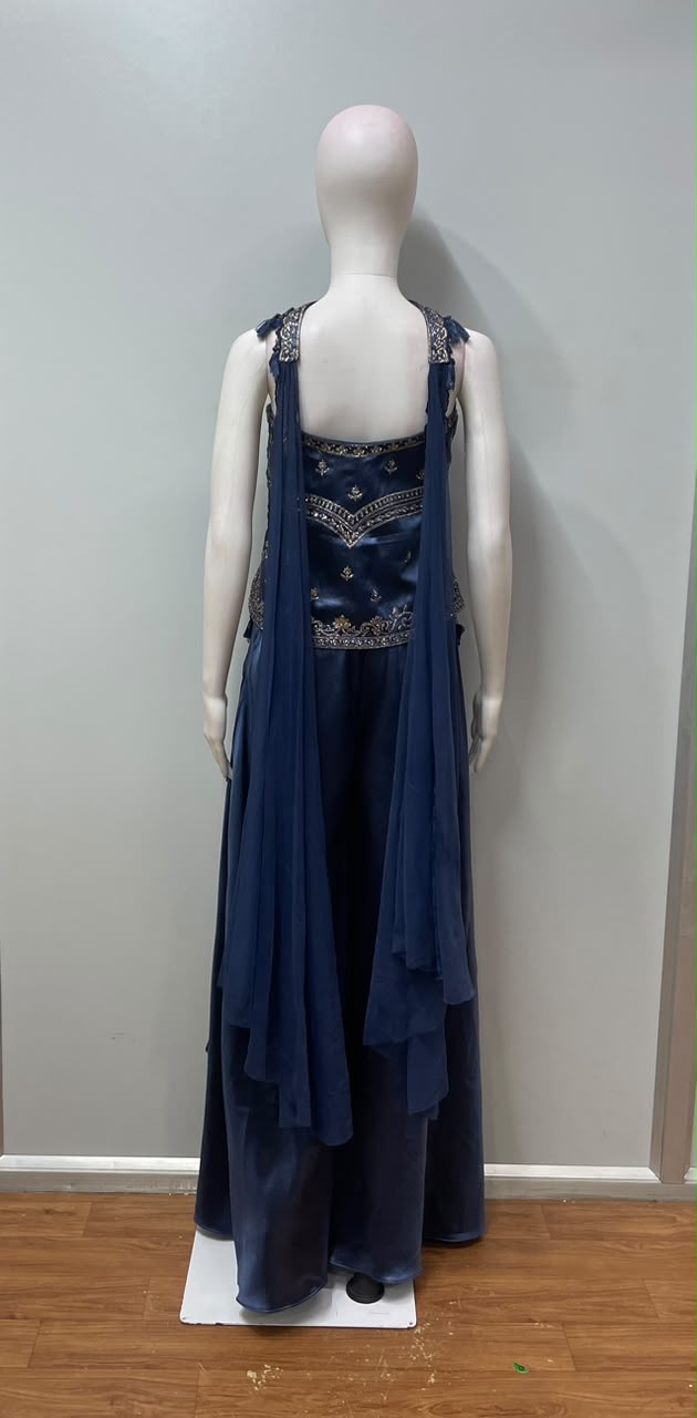 Midnight Navy Antique Gold Embroidered Palazzo Ensemble - detail view