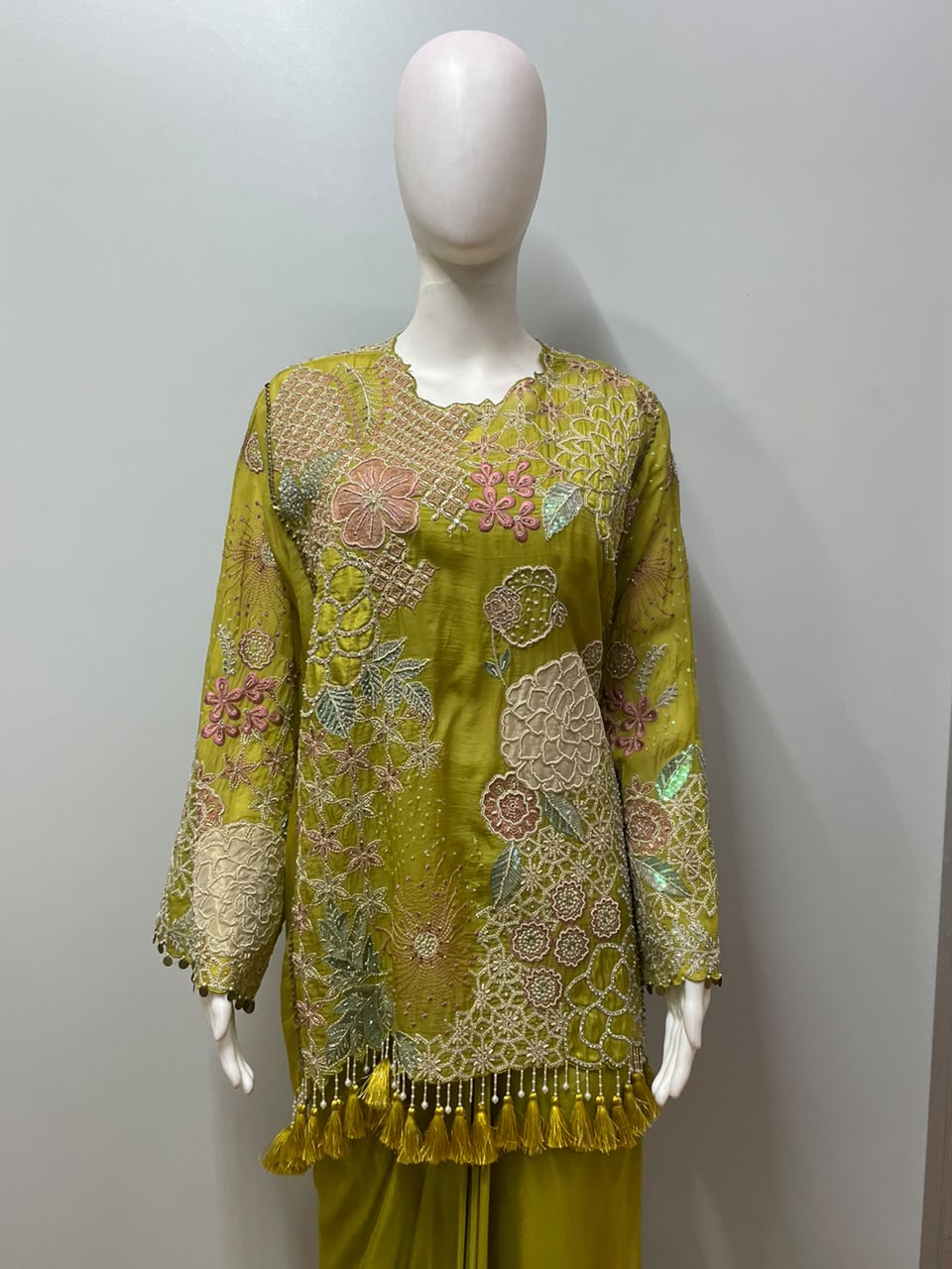 Chartreuse Olive Botanical Embroidered Palazzo Couture Ensemble