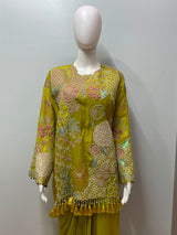 Chartreuse Olive Botanical Embroidered Palazzo Couture Ensemble