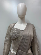 Taupe Silver Corset Pre-Draped Saree Set