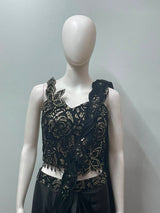 Black Appliqué Draped Saree Set