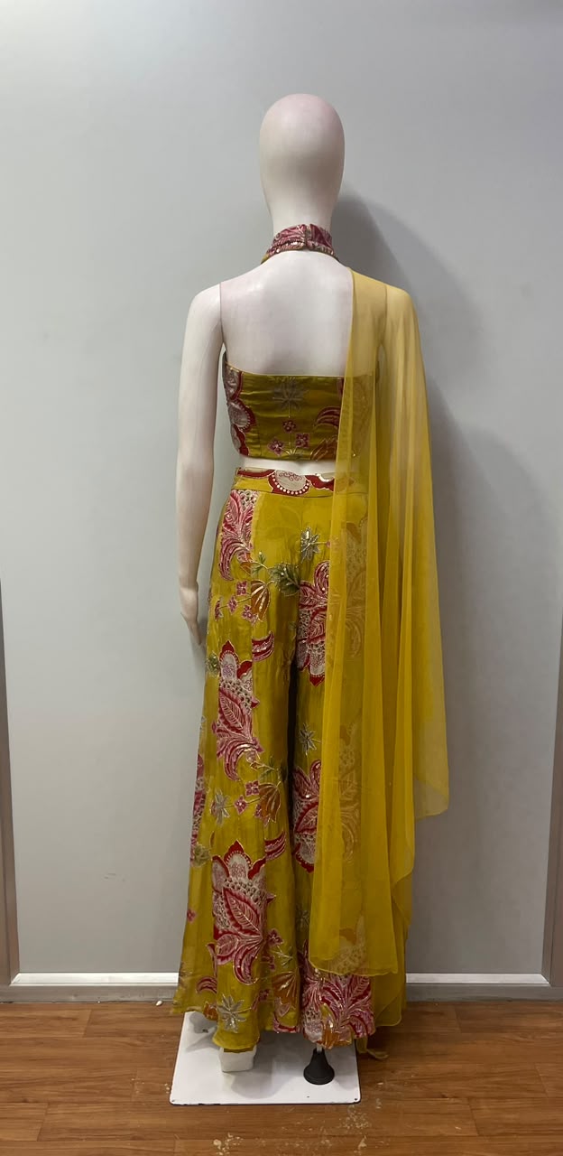 Mustard Yellow Floral Halter Crop Palazzo Set