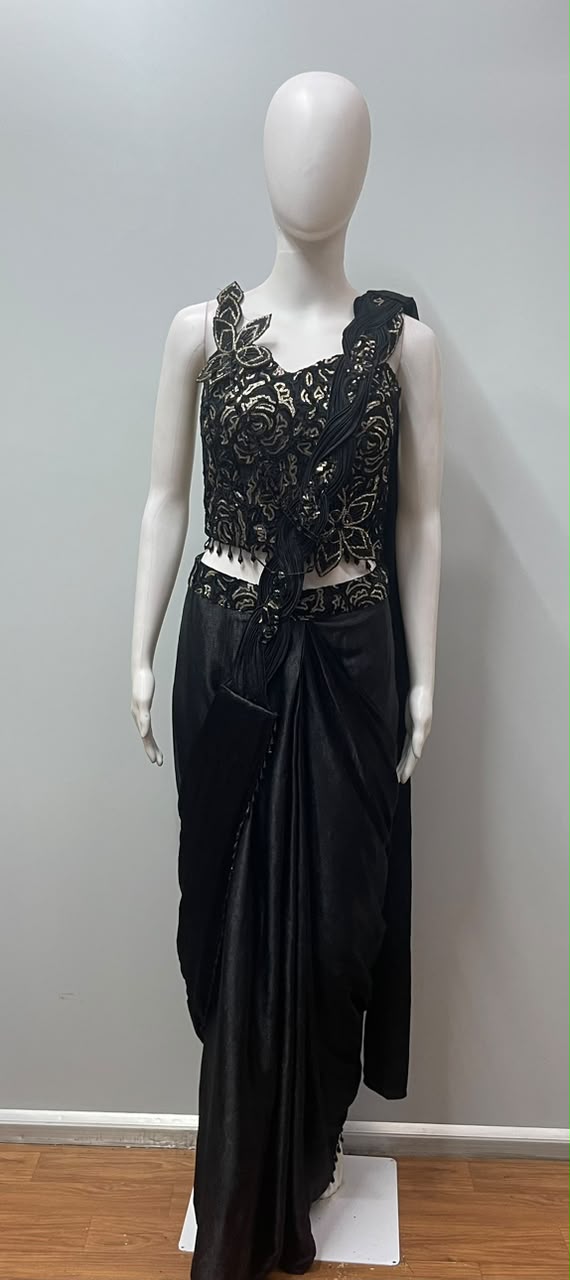 Black Appliqué Draped Saree Set