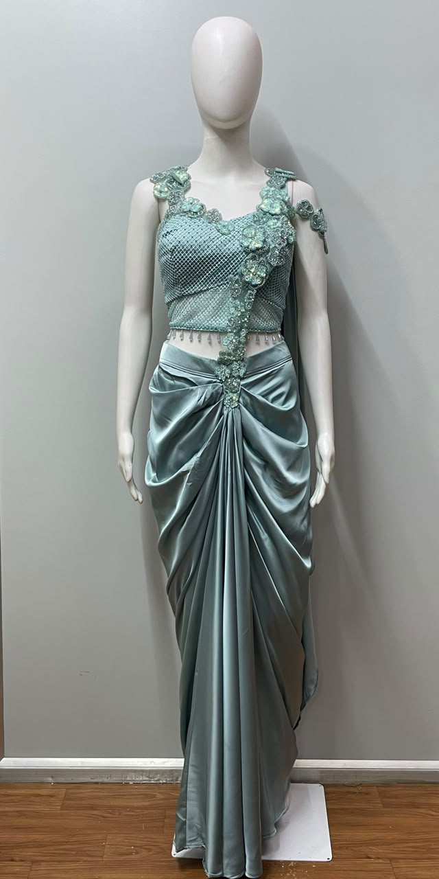 Seafoam Floral Embellished Draped Saree Set