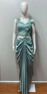Seafoam Floral Embellished Draped Saree Set
