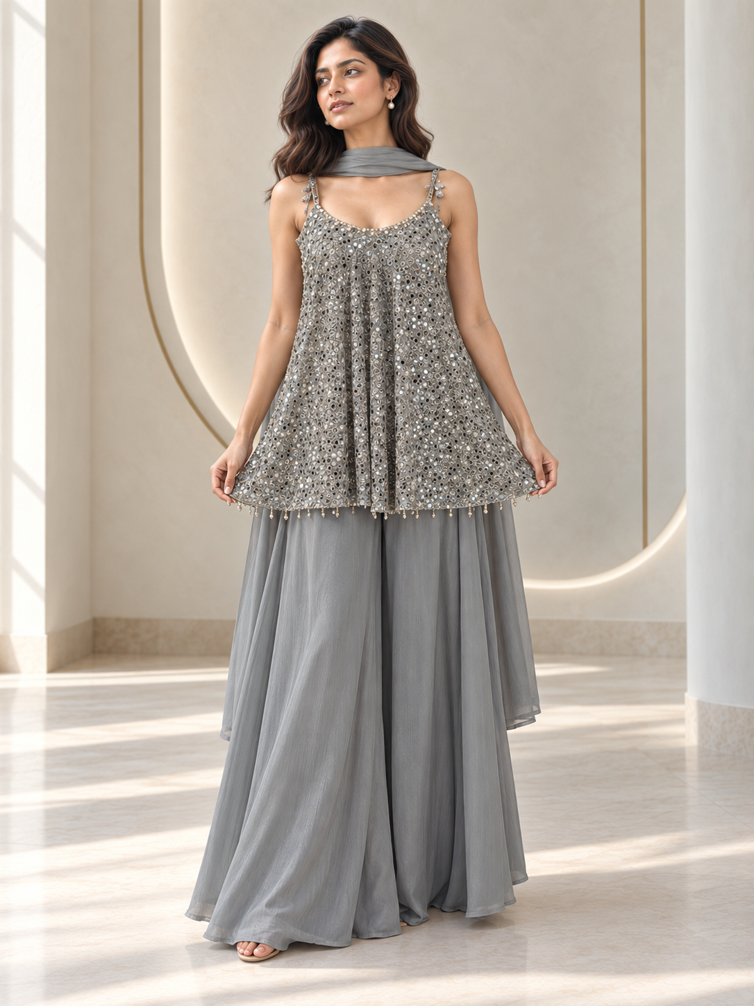 Ice grey palazzo set with silver mirrorwork, decorative straps and a flared kurta
