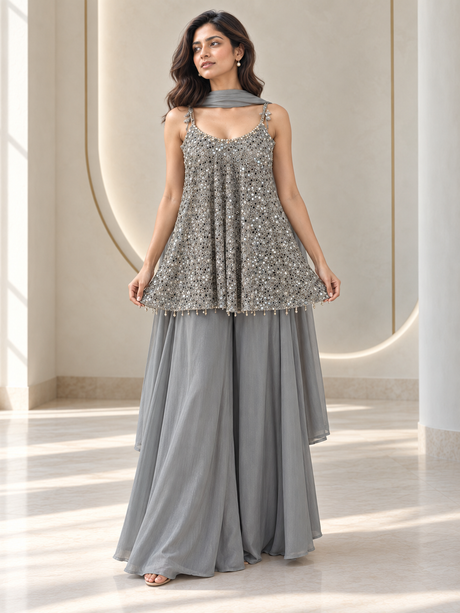 Ice grey palazzo set with silver mirrorwork, decorative straps and a flared kurta