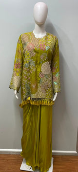Chartreuse Olive Botanical Embroidered Palazzo Couture Ensemble