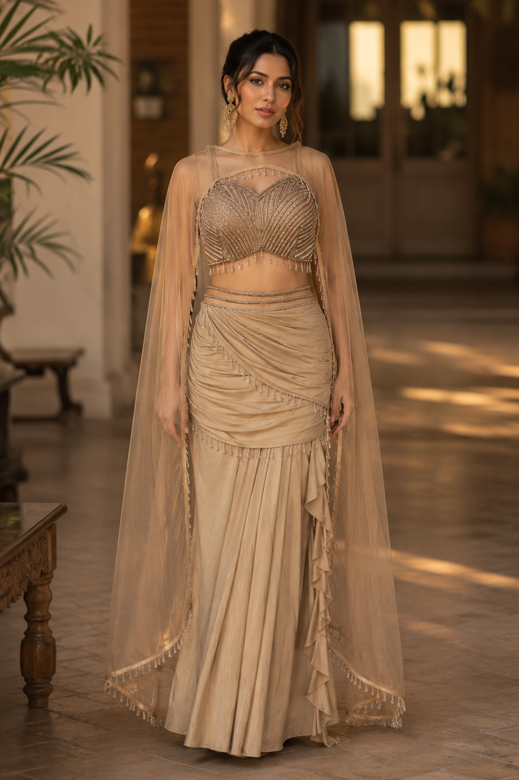 Champagne Pearl Draped Cape Lehenga Set