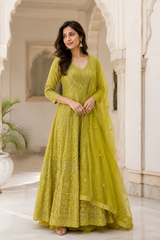 Chartreuse Gold Mirrorwork Anarkali Couture Set