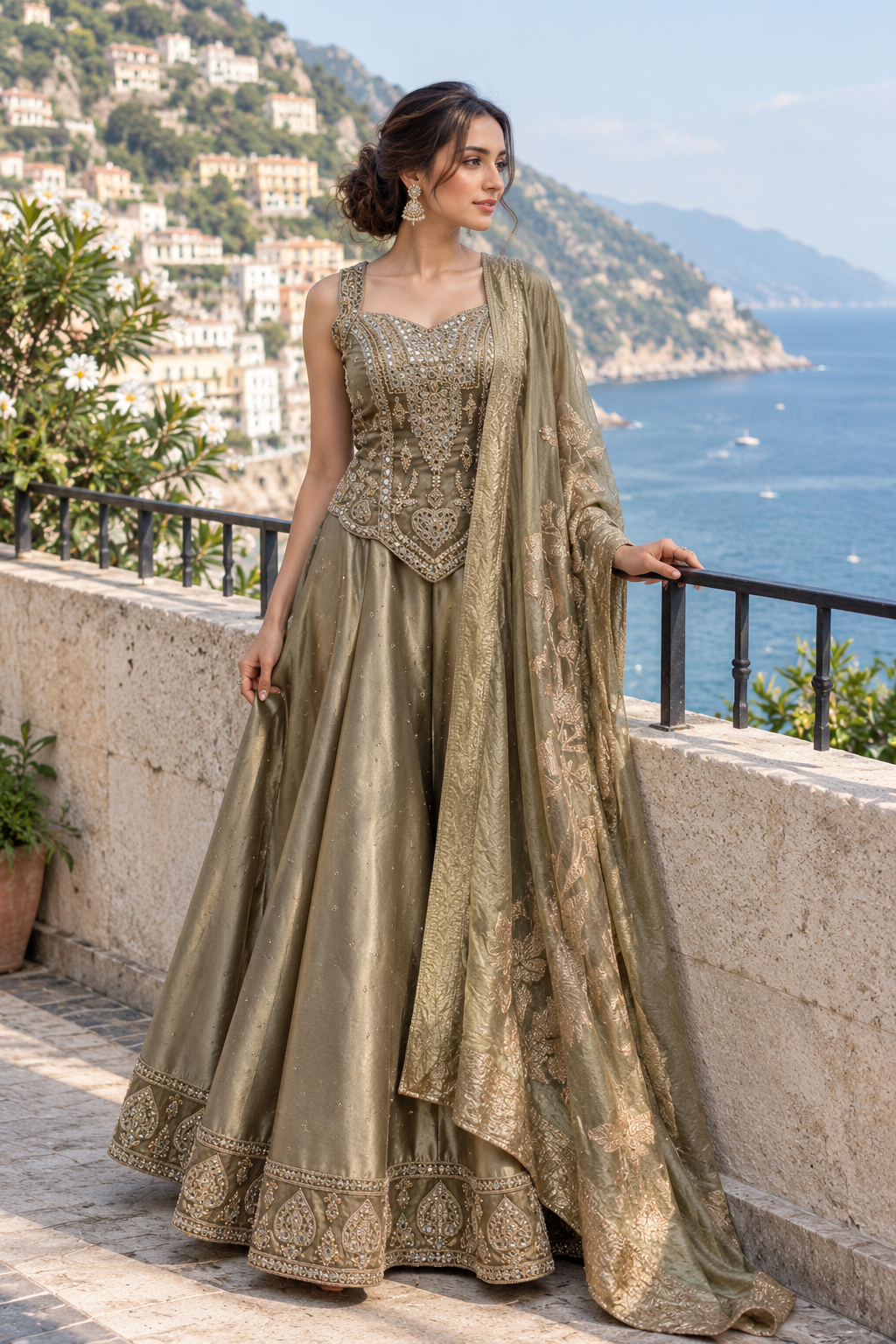 Antique Olive Gold Jewel Lehenga Set