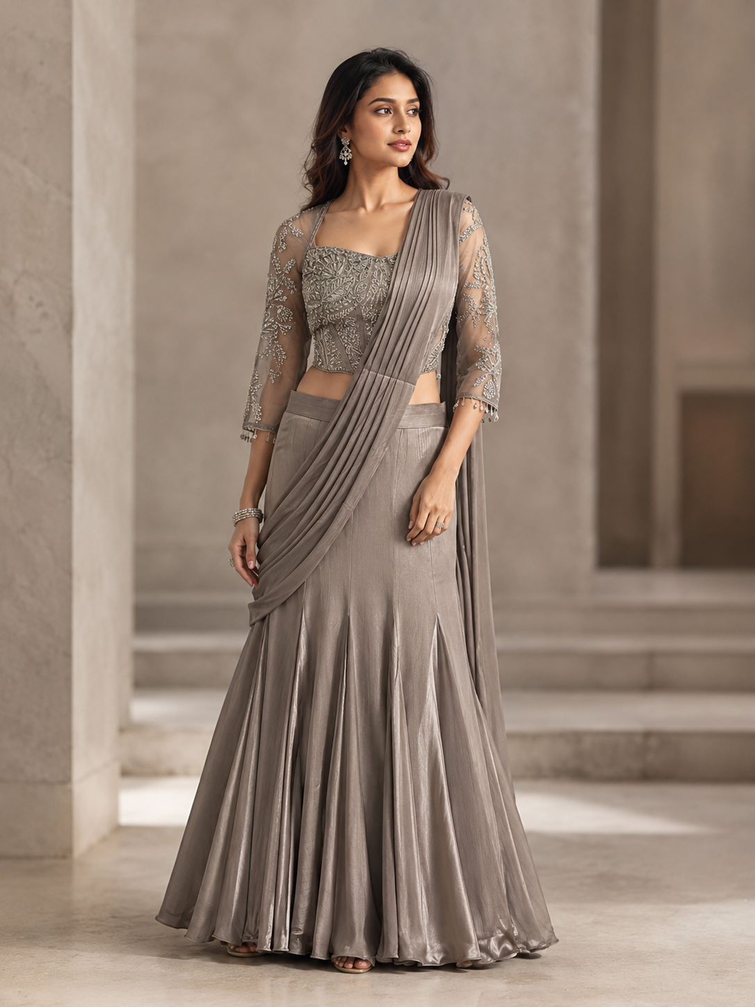 Taupe Silver Corset Pre-Draped Saree Set