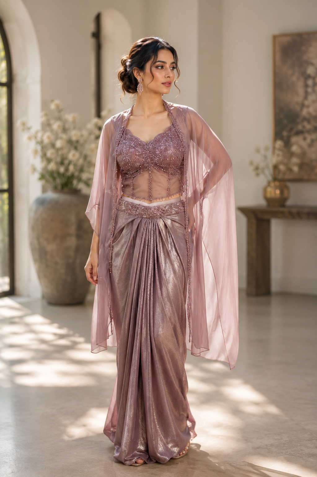 Smoky Mauve Crystal Corset Pre-Draped Saree Set