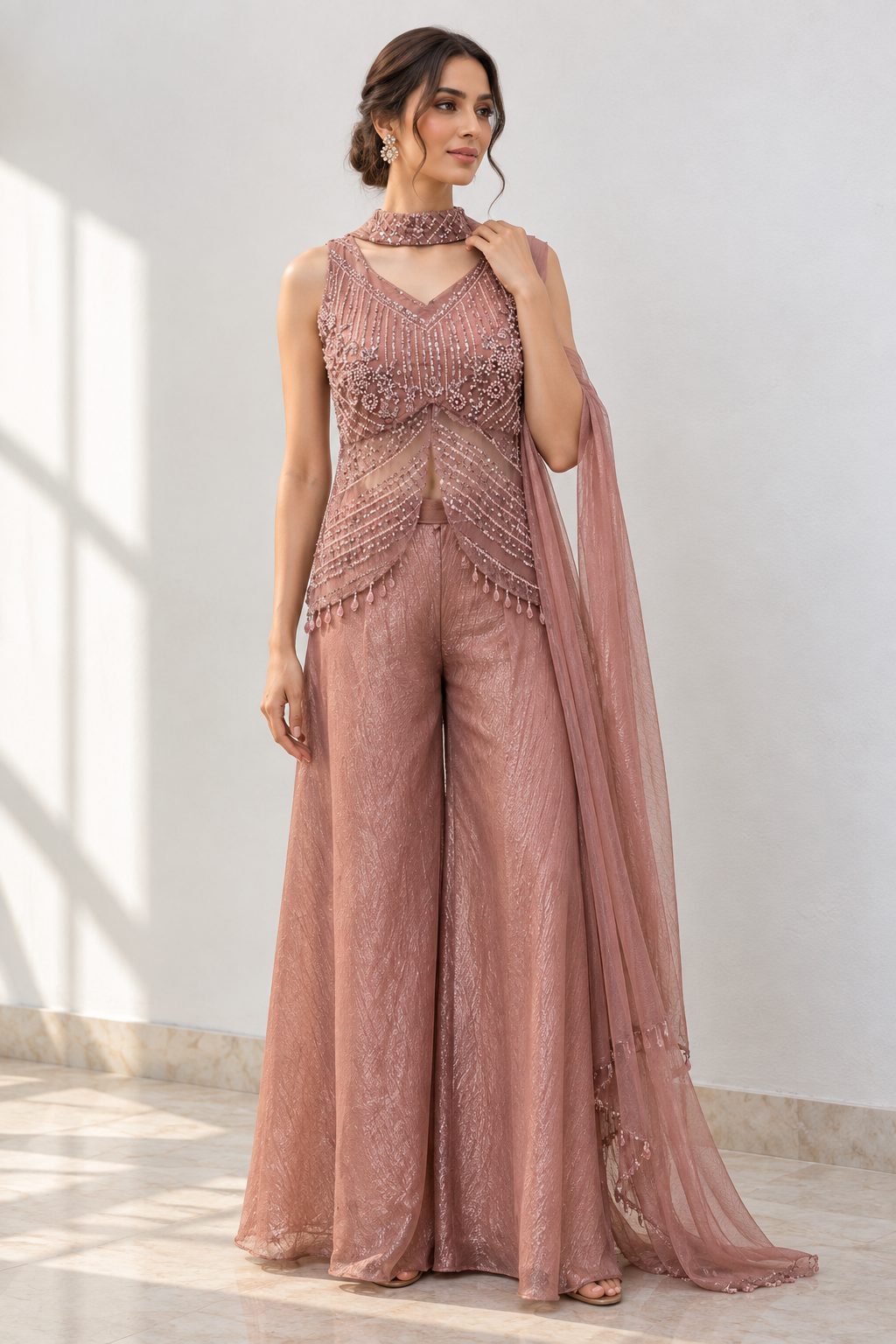 Dusty Rose Pearl Jewel Palazzo Set