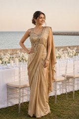 Champagne Gold Embellished Pre-Draped Saree Set