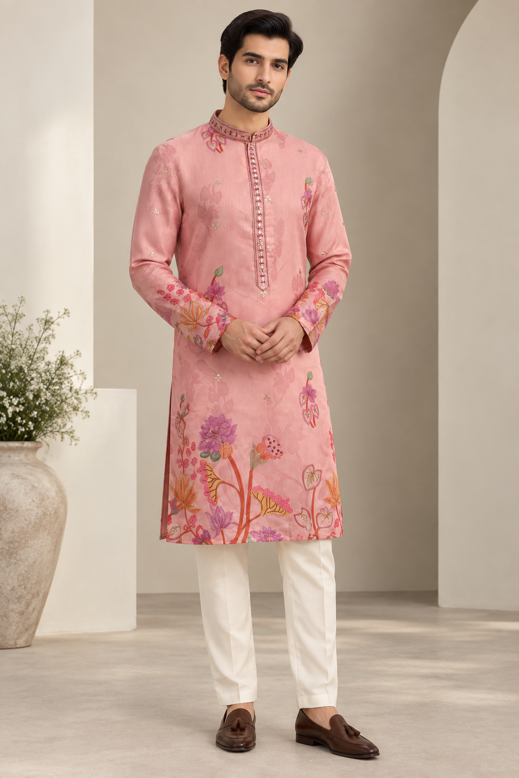 Peach Botanical Men's Kurta Set