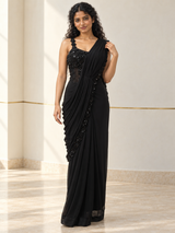 Midnight Black Onyx Floral Jewel Draped Saree Set