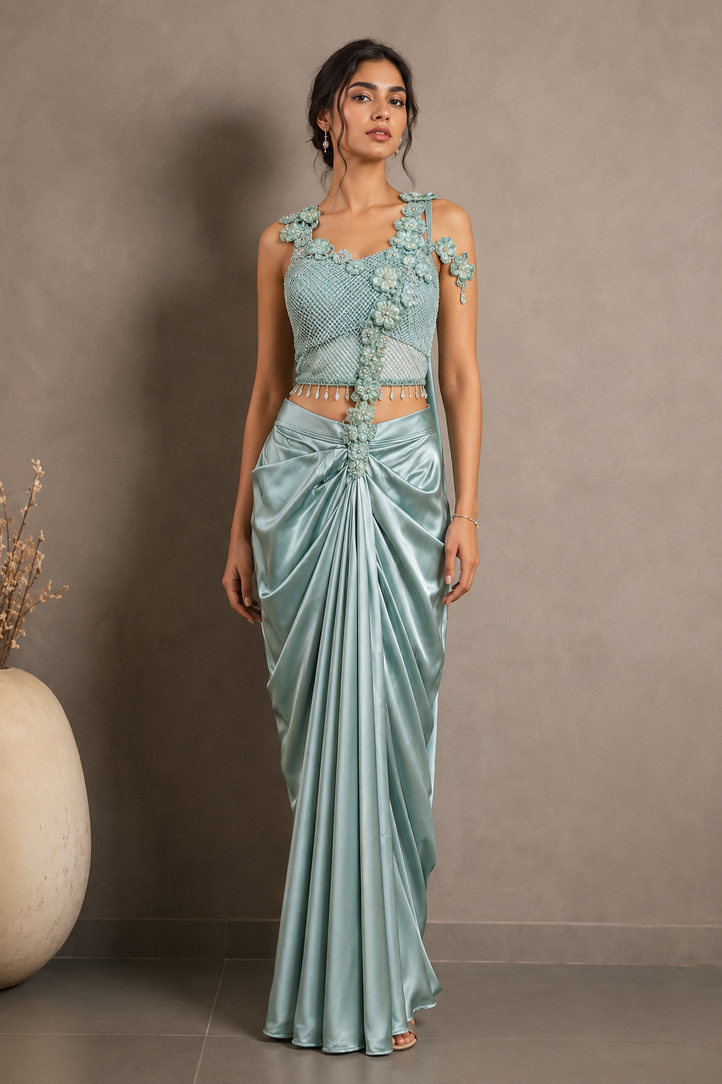 Seafoam Floral Embellished Draped Saree Set