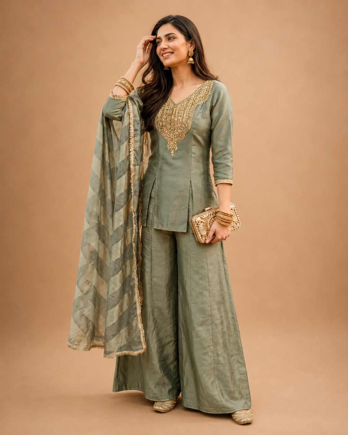 Sage Green Gold Embroidered Palazzo Suit