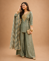 Sage Green Gold Embroidered Palazzo Suit