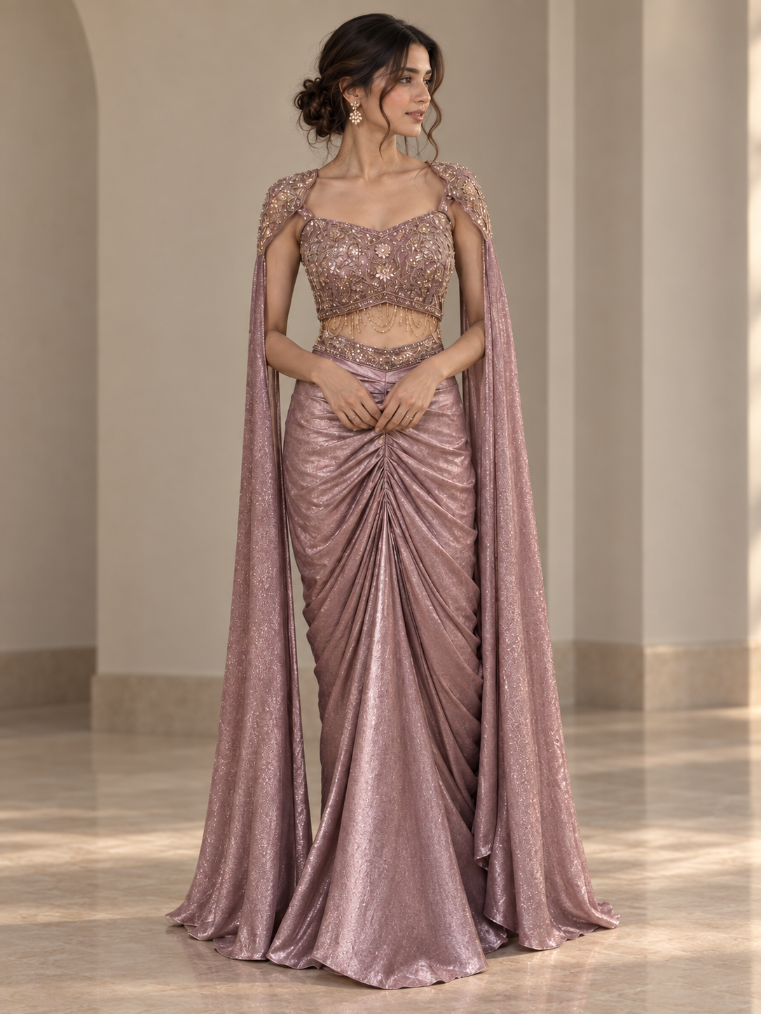Smoky Mauve Gold Jewel Draped Skirt Set