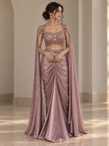 Smoky Mauve Gold Jewel Draped Skirt Set