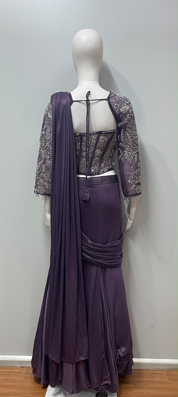 Plum Silver Draped Saree Set