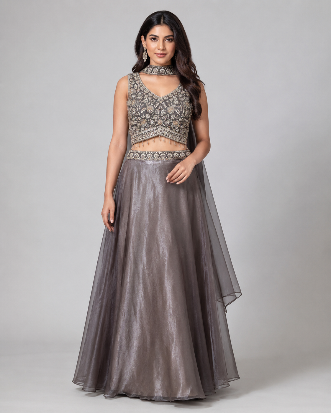 Smoky Taupe Silver Embellished Lehenga Ensemble