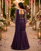 Plum Silver Draped Saree Set